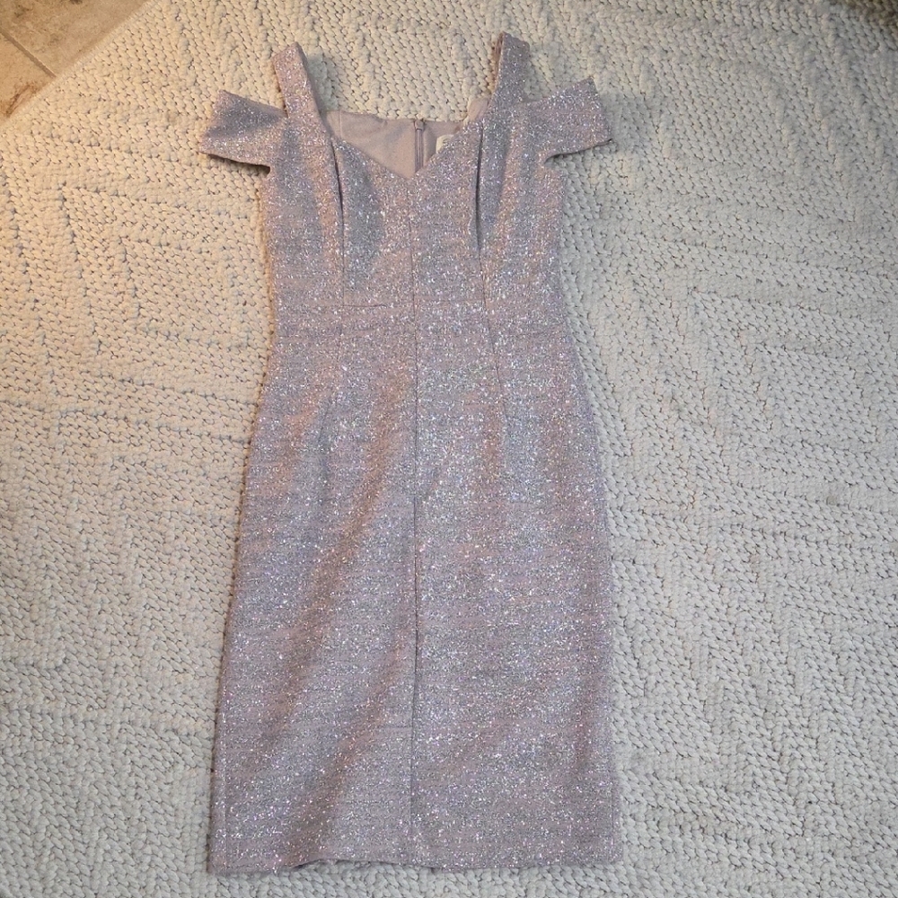 Eliza J Glittering Silver Off-Shoulder Midi Dress